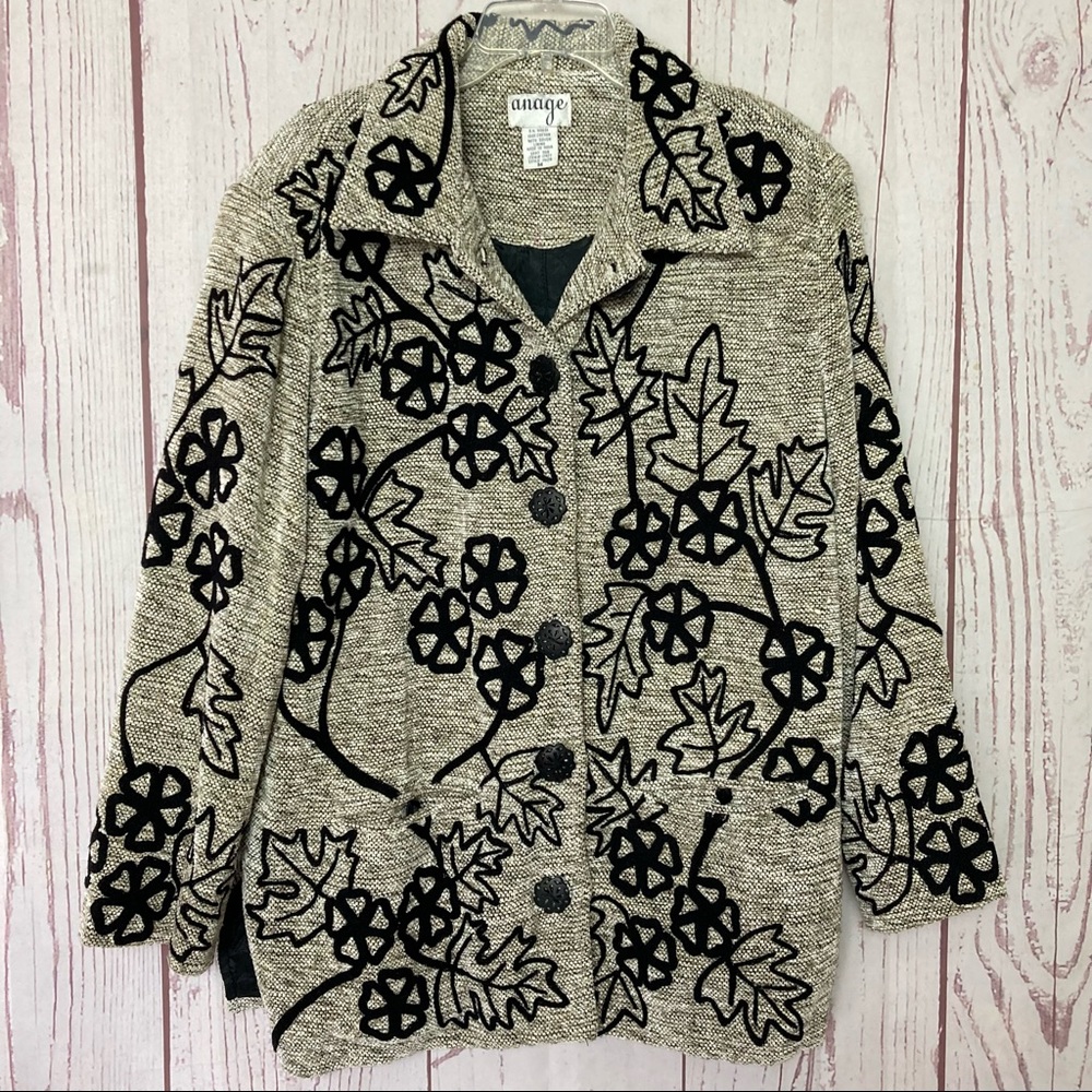 Anage Women’s M Medium Oversized Embroidered Leaves Jacket Shoulder Pads Button